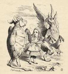 アリスとグリフォン、にせウミガメ。ルイス・キャロル『不思議の国のアリス』より、1891年刊